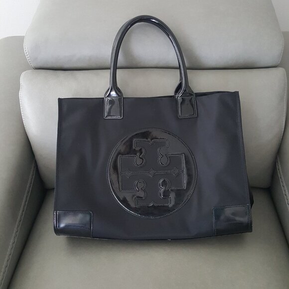 Tory Burch Large Ella Tote Bag Black Patent Leather Nylon - Picture 3 of 12